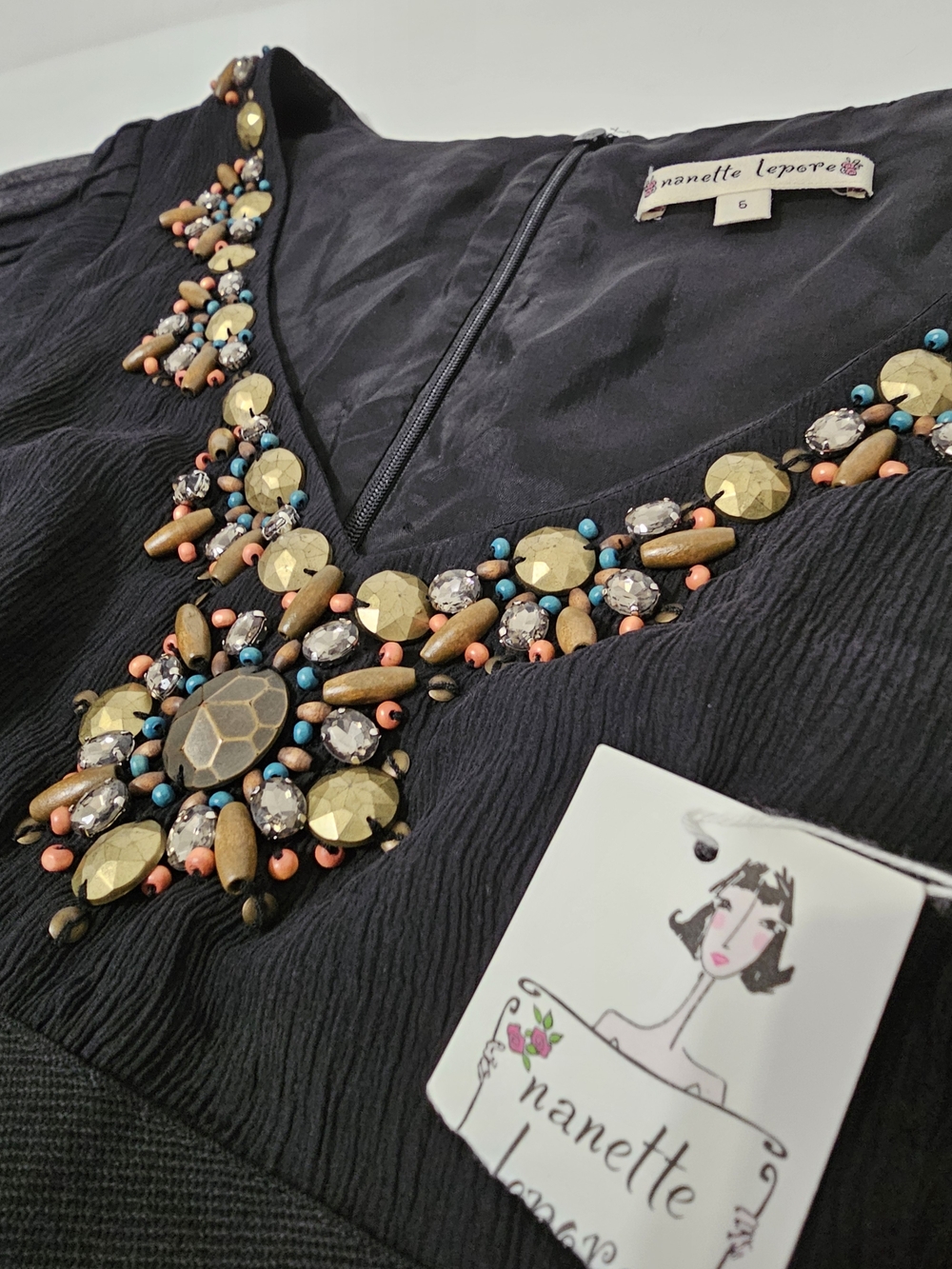 Nanette Lepore 100% Silk Embellished Beaded Flutter Sleeve Tunic Blouse Top Blk - Picture 3 of 9